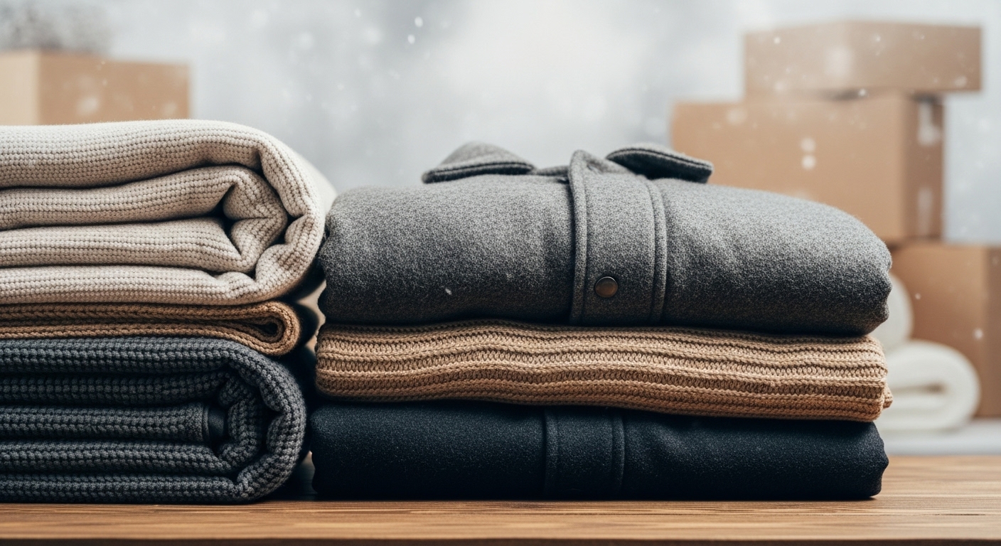 Folded winter blankets and jackets prepared for humanitarian winter relief distribution.