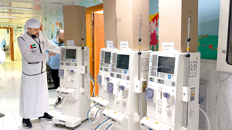 "An employee from the International Charity Organization delivers 50 dialysis machines to the Syrian Ministry of Health to support kidney failure patients in Syrian hospitals."