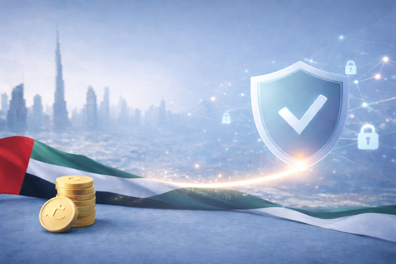 Digital illustration symbolizing a secure and trusted online donation platform in the UAE, featuring a protective shield, secure data network, UAE flag, and Dubai skyline.