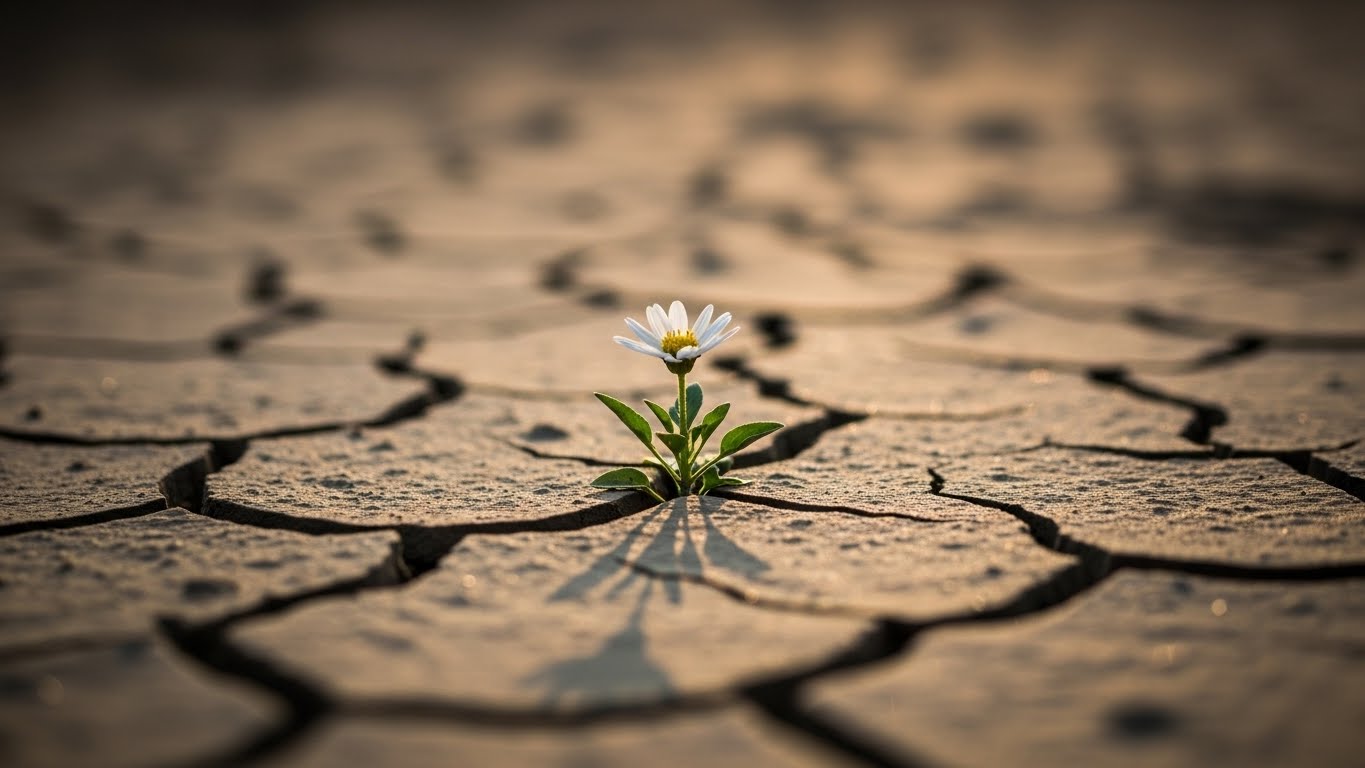 A small white flower growing from cracked dry ground, lit by warm sunlight with a long shadow, symbolizing hope and mercy in difficult places.