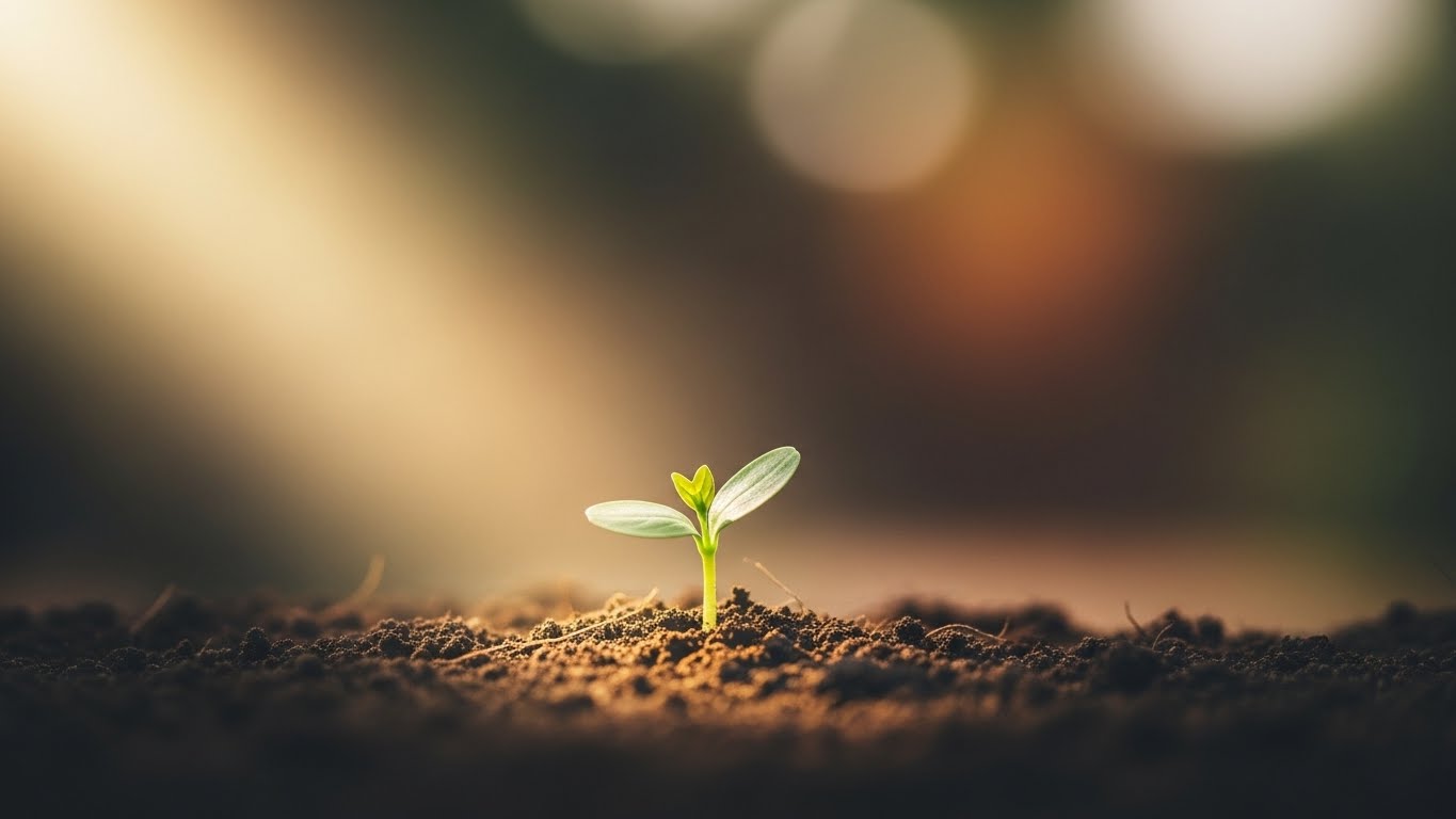 A small green plant sprouting from soil under warm sunlight, symbolizing the growth and blessings of charity and zakat.