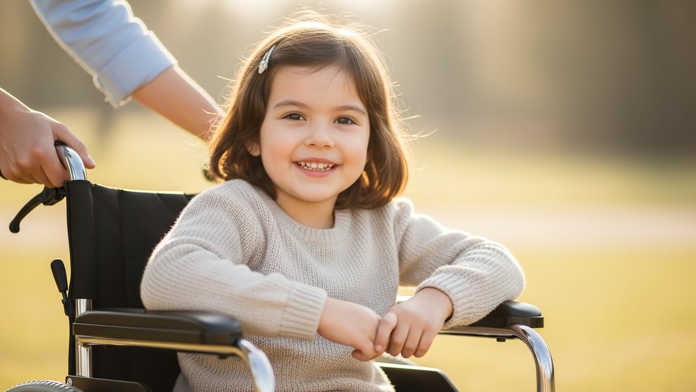 Cute young girl smiling in a wheelchair, supported by one adult hand, in a calm and natural environment with warm sunlight.