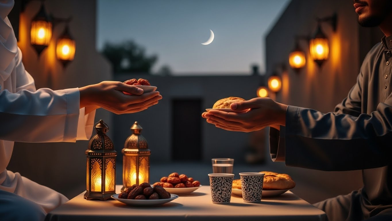 Sharing Iftar food between two people during Ramadan, symbolizing charity, generosity, and feeding the fasting at sunset.