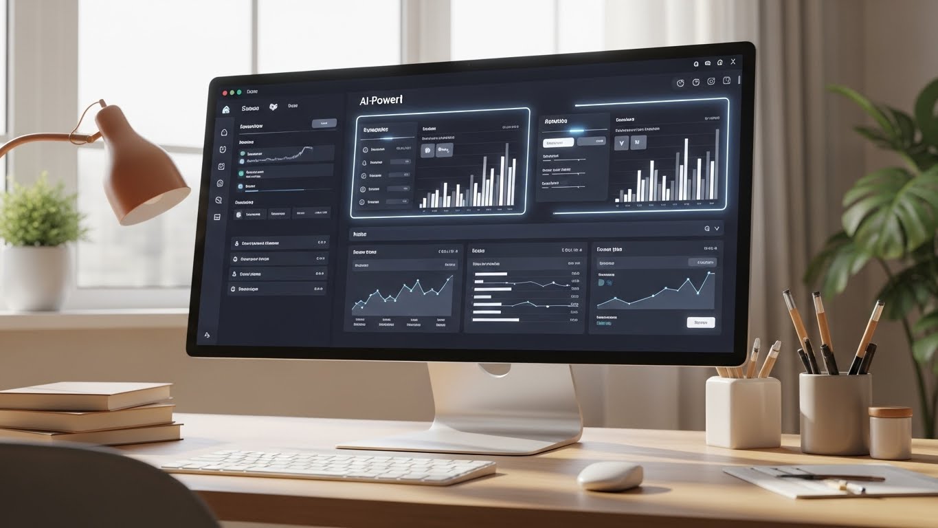 AI analytics dashboard displayed on a desktop computer screen showing performance metrics and data visualizations for measuring charity campaign impact