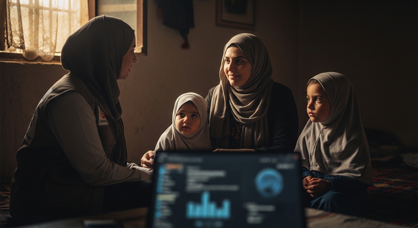 Female humanitarian worker speaking with a hijab-wearing mother and her two daughters inside a modest home, with a laptop showing blurred data analytics in the foreground.