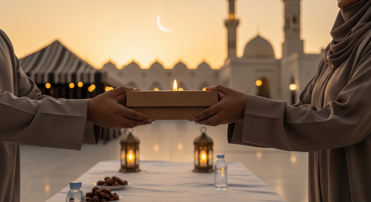 Close-up of two people exchanging an iftar meal box at sunset in a mosque courtyard, warm Ramadan lantern lights and crescent moon in the background.