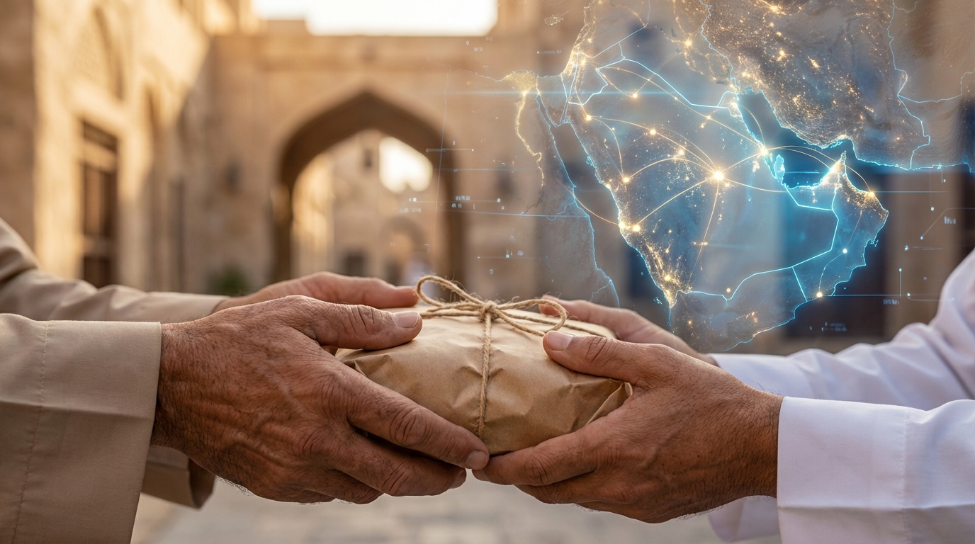 Close-up of two men exchanging a wrapped food package in a traditional Middle Eastern setting, with a glowing digital map of the Middle East symbolizing AI-powered charity coordination.