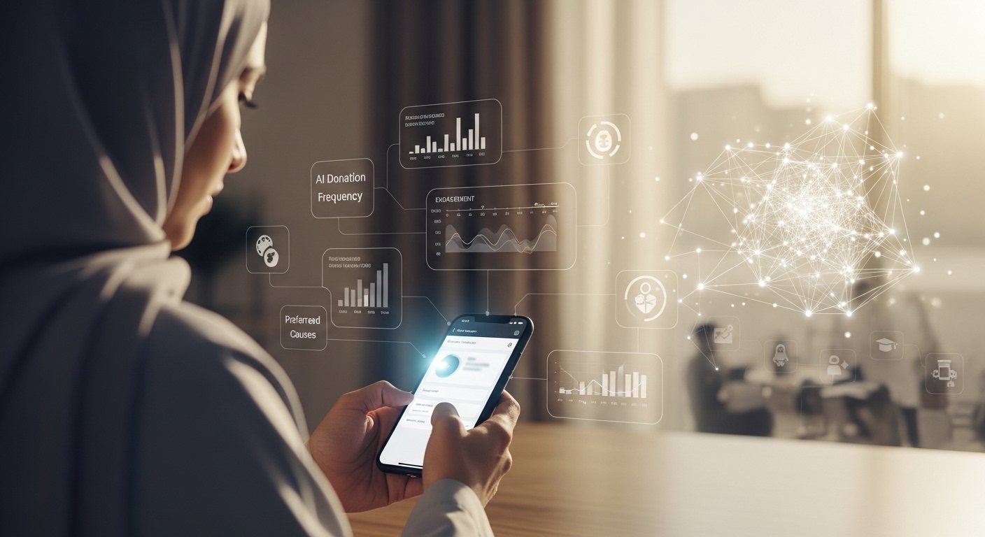 Donor using a mobile donation app while AI analyzes behavioral data and donation patterns.