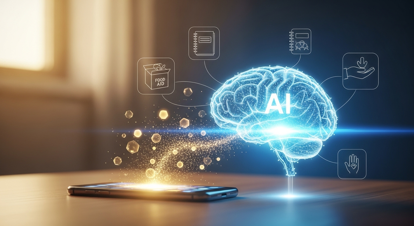 Abstract AI brain formed from light particles rising from a smartphone, symbolizing artificial intelligence analyzing human communication for social impact