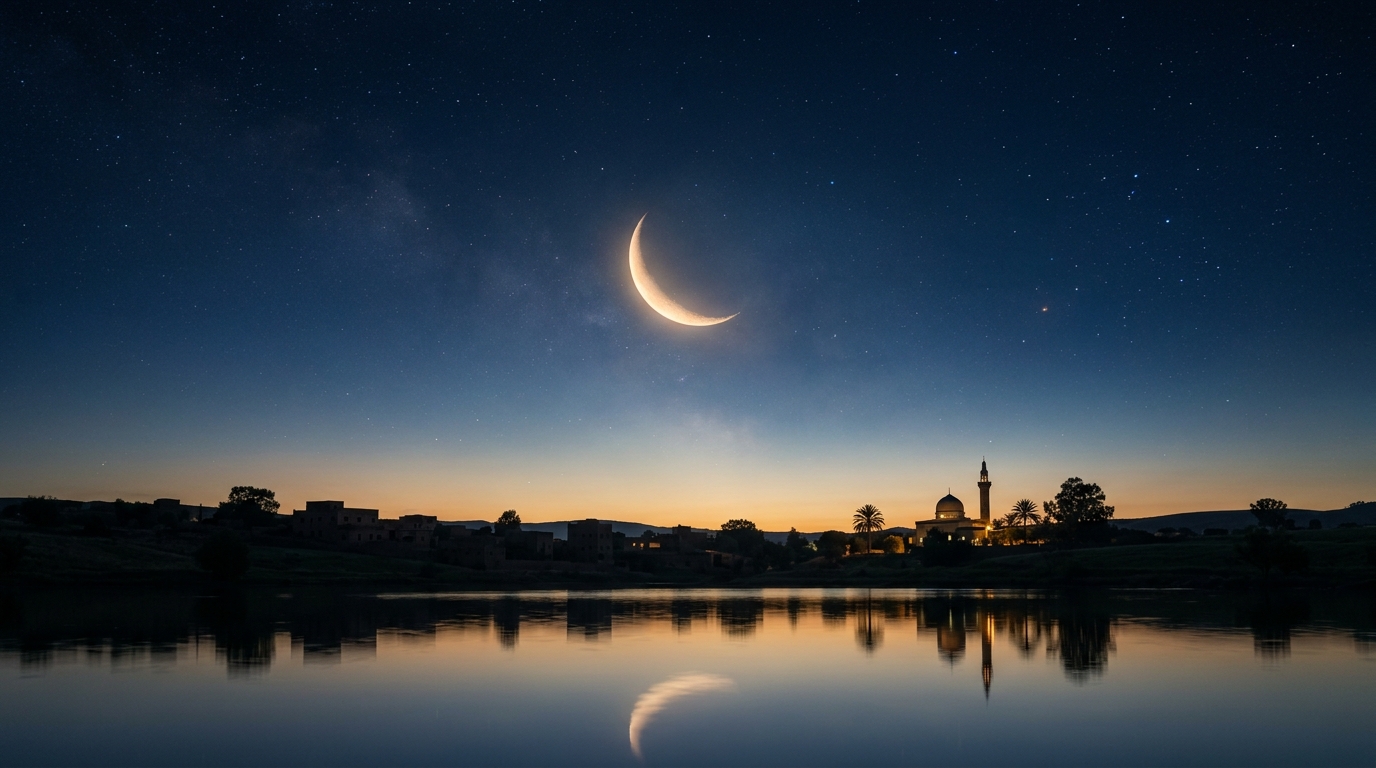 Glowing crescent moon in a calm night sky symbolizing Shawwal, spiritual renewal, and continuous charity after Ramadan