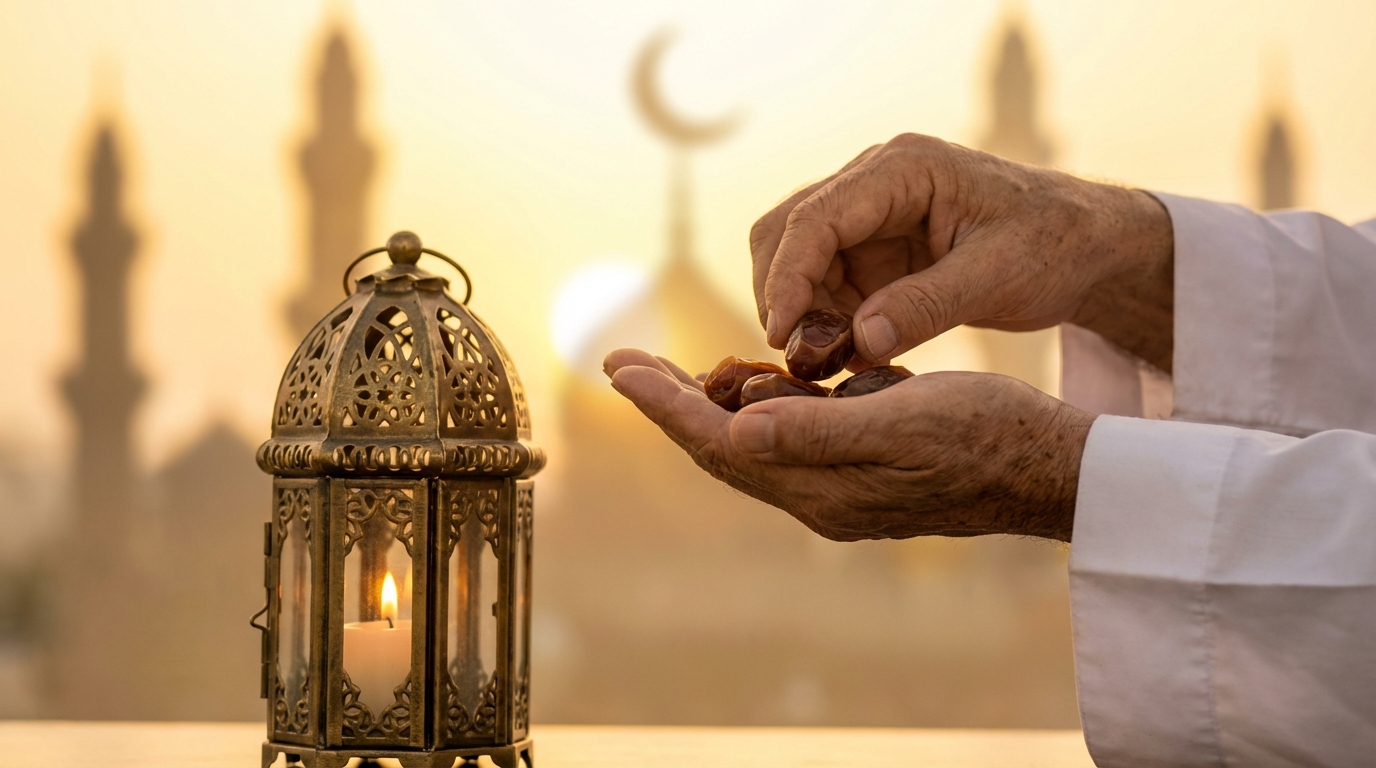 Elderly hands holding dates at sunset during Ramadan with a traditional lantern and mosque silhouettes in the background.