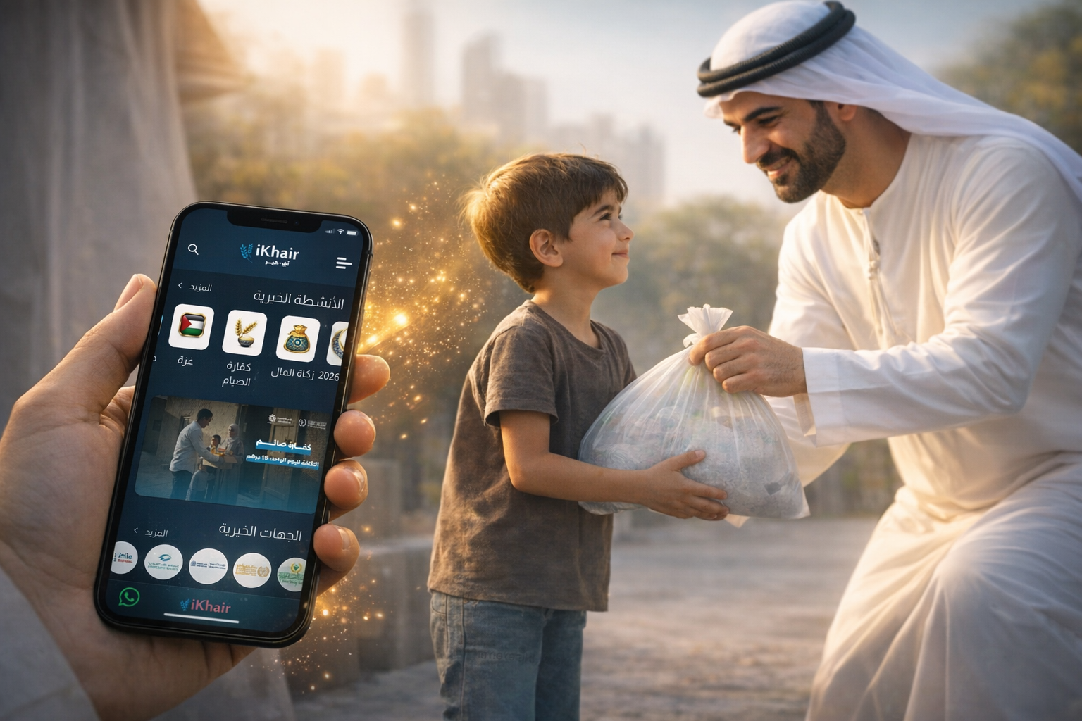 Man donating to a child while holding a smartphone displaying a charity app for digital donations