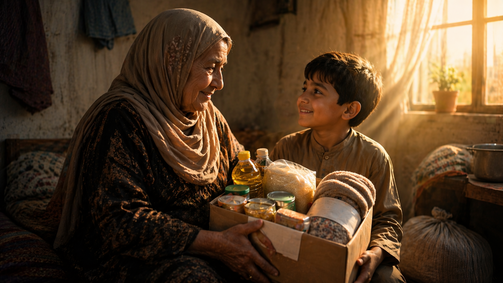 An Arab child sitting beside an elderly woman in a simple home, holding a donation box filled with food supplies and a blanket, while warm sunlight streams through the window, reflecting hope and gratitude.