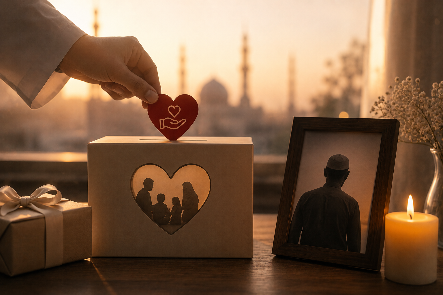 A symbolic charity gift scene showing a donation box, memorial photo, candle, and a hand placing a heart-shaped token during sunset in a spiritual Islamic setting.