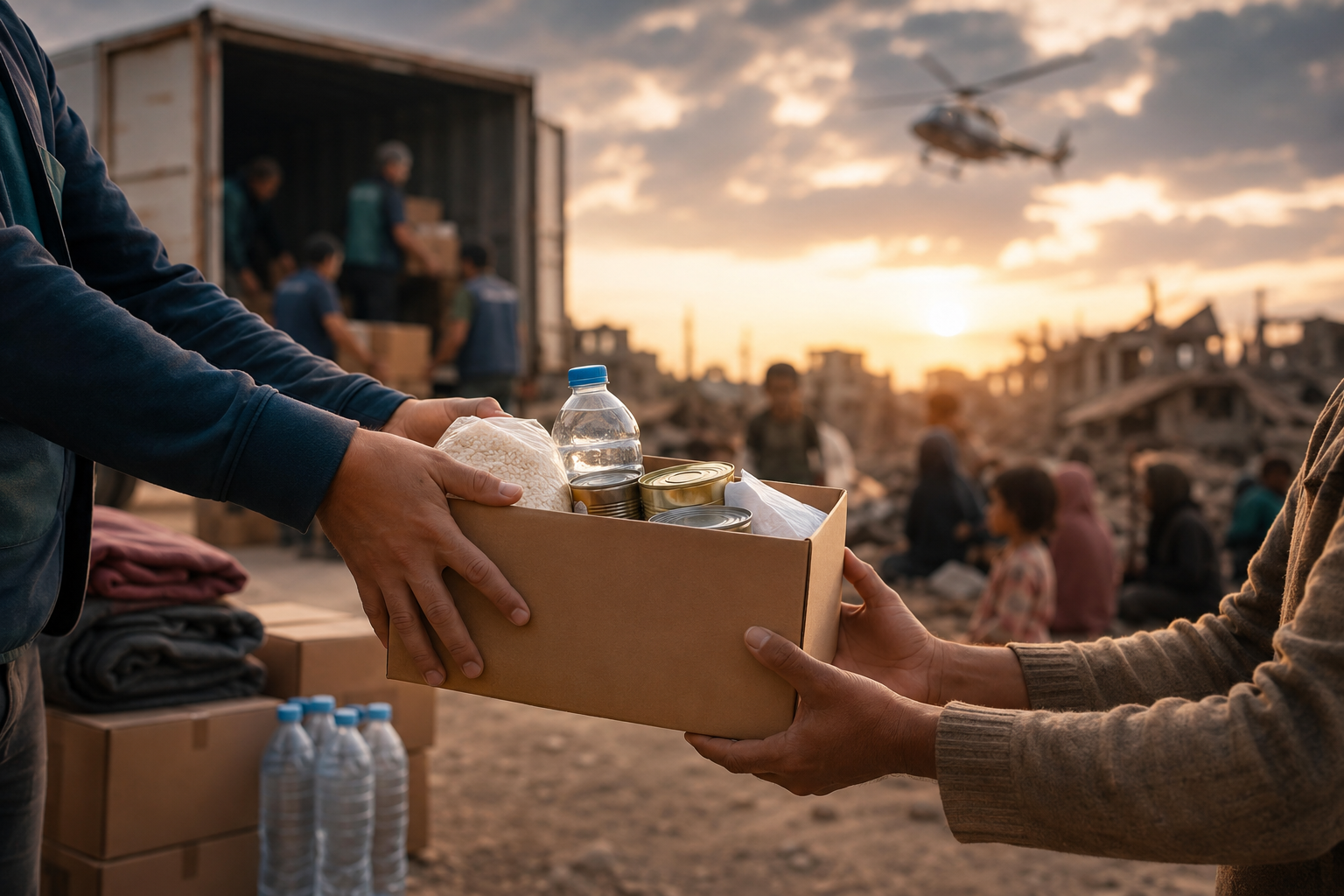 Humanitarian aid workers delivering emergency food and water supplies to disaster victims in a crisis zone.
