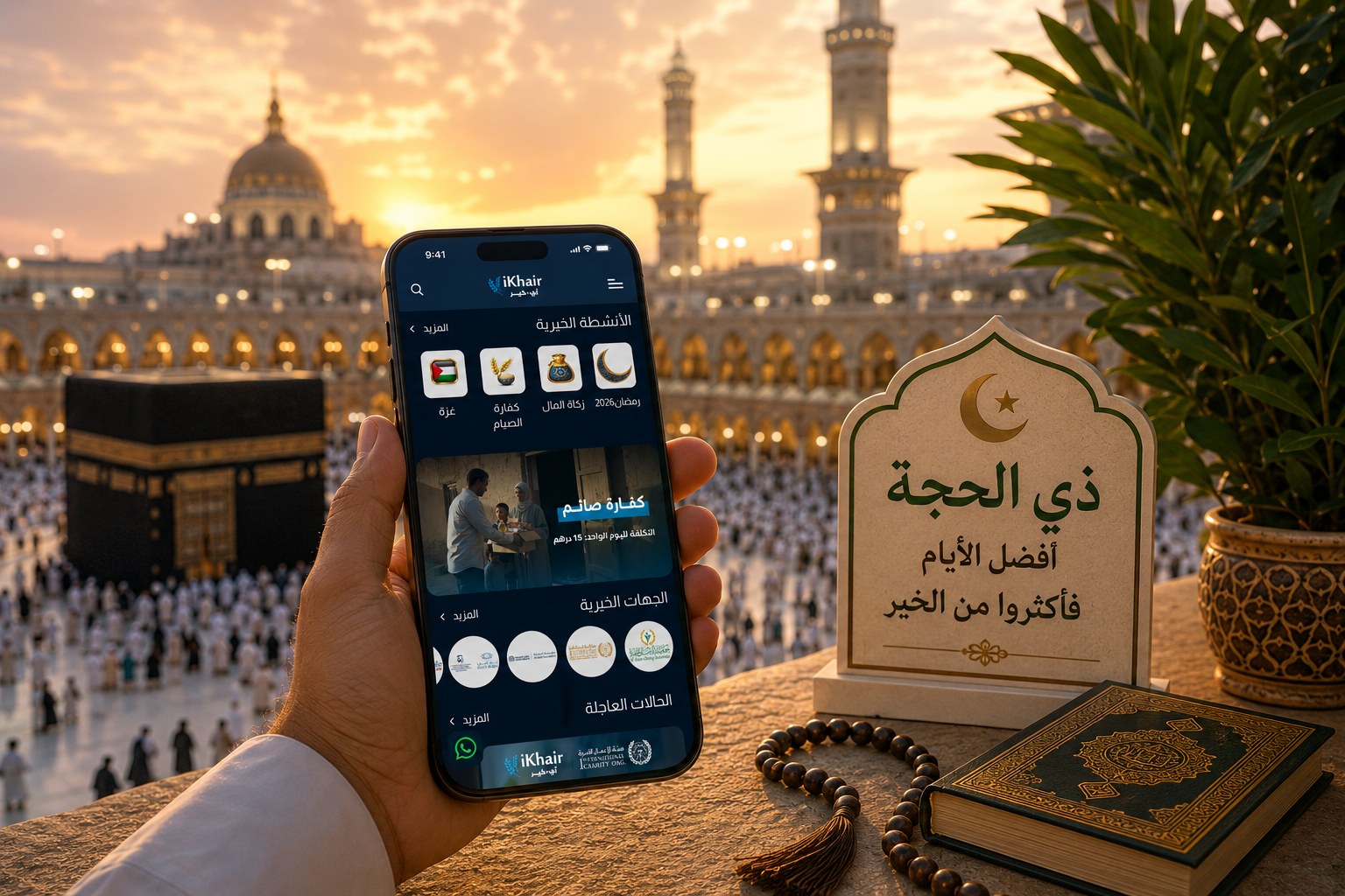 A smartphone displaying the iKhair charity app during Dhul Hijjah, held in front of the Kaaba at sunset with Islamic decorations, a Quran, and prayer beads.