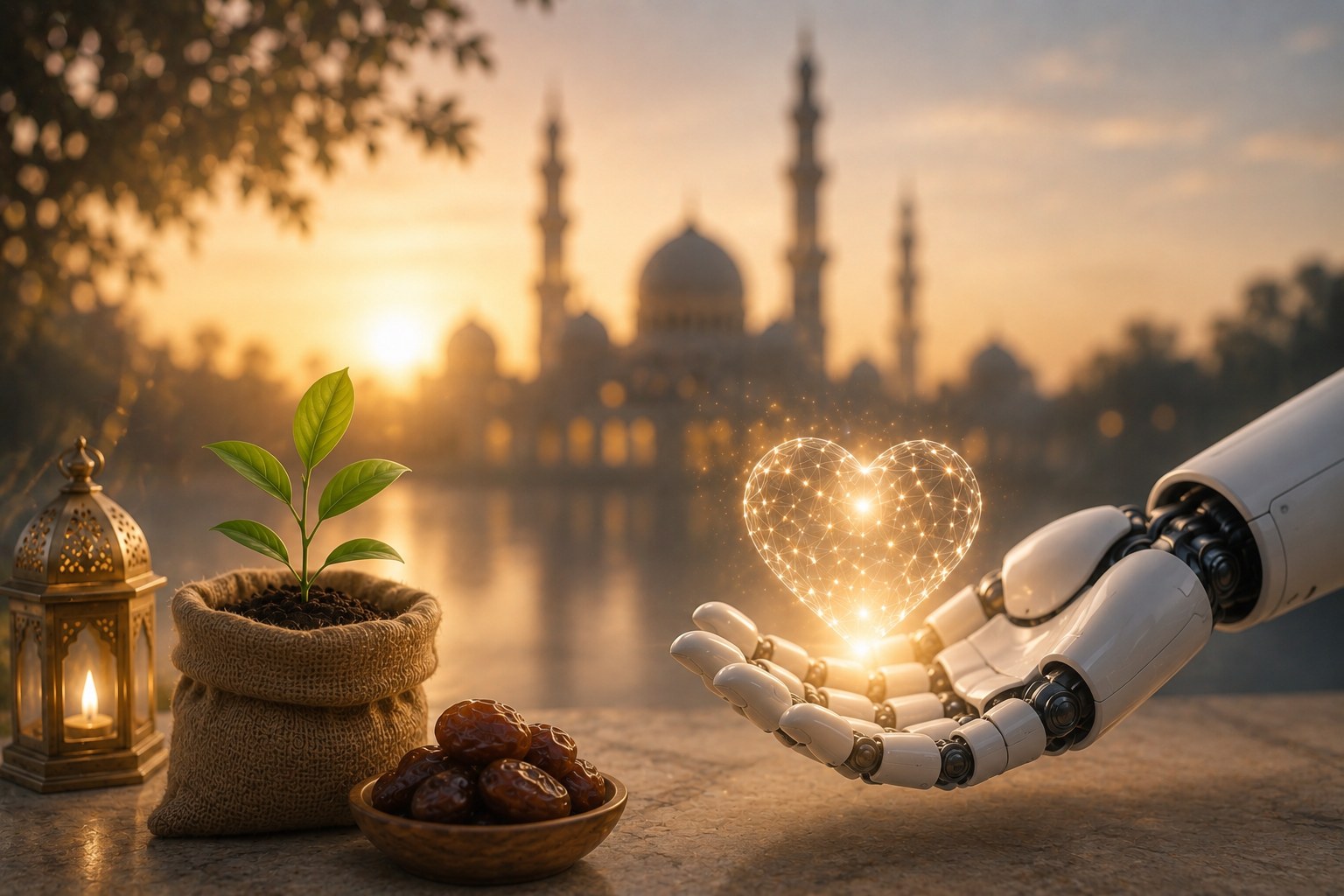AI-powered charity and digital donation concept with robotic hand, glowing heart, Islamic background, and symbols of zakat and giving.