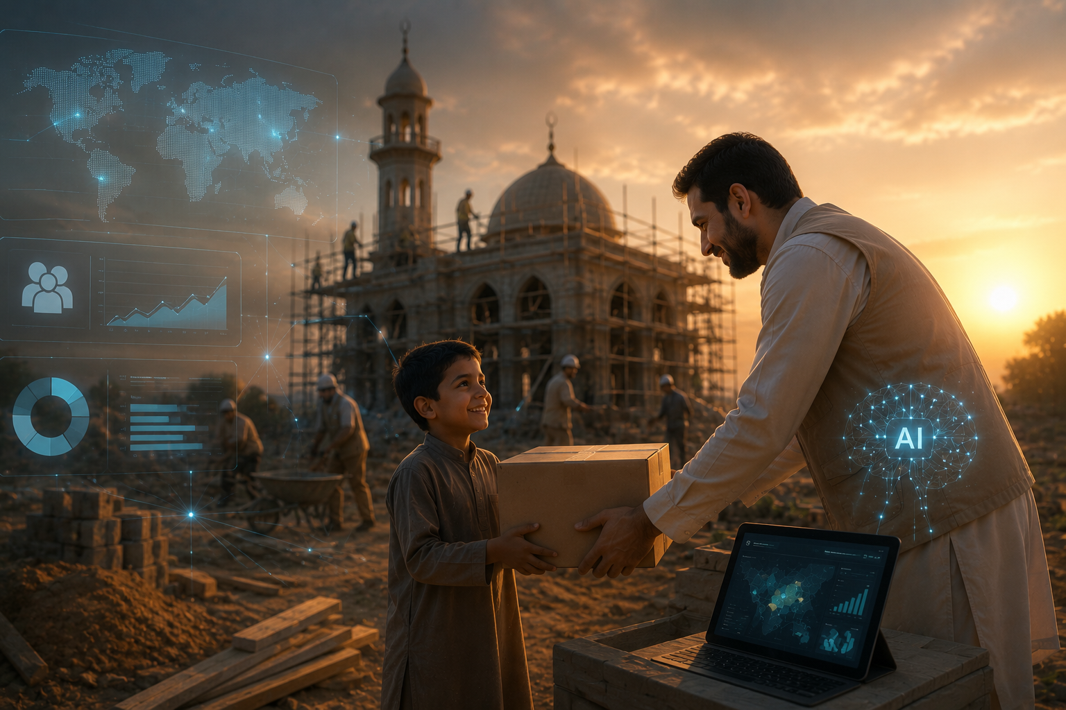 A young boy receives a donation box from a humanitarian worker in front of a mosque under construction at sunset. Subtle AI-powered holographic data visualizations and digital network elements blend into the scene, symbolizing how artificial intelligence supports charitable initiatives, resource allocation, and sustainable community development.