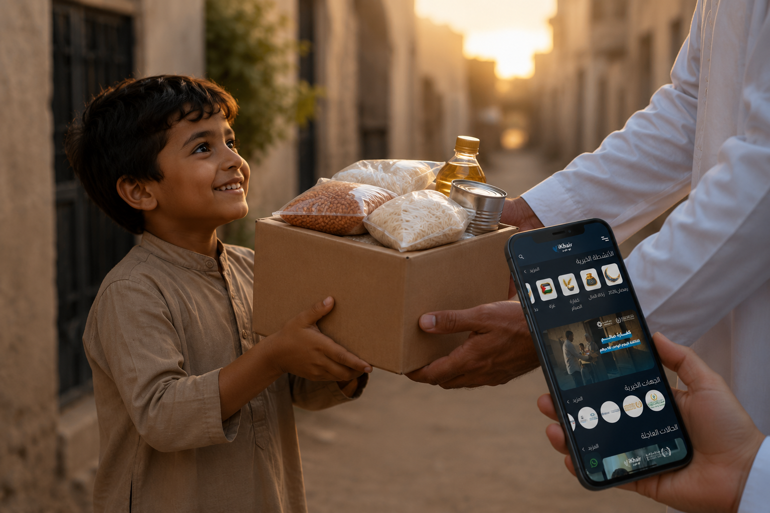 A smiling young boy receives a food aid package from a donor in a sunlit alley, while a smartphone displaying the iKhair charity app highlights how technology connects donors with those in need.