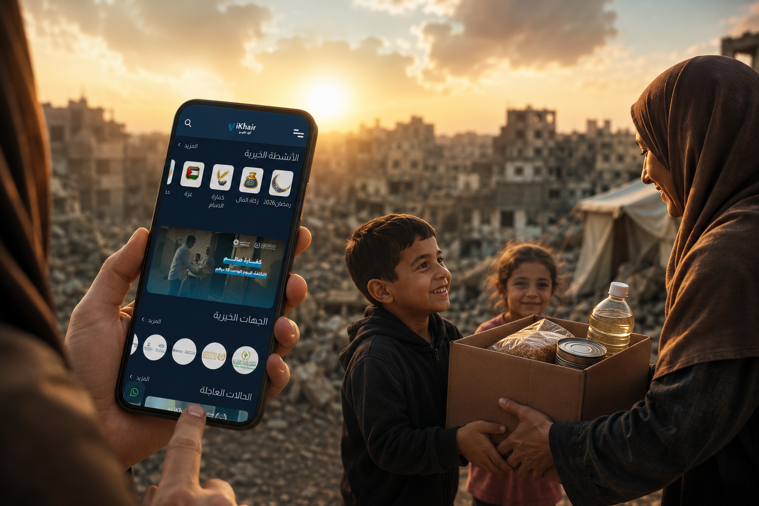 Person using the iKhair charity app on a smartphone while a humanitarian aid package is delivered to a family in Gaza.