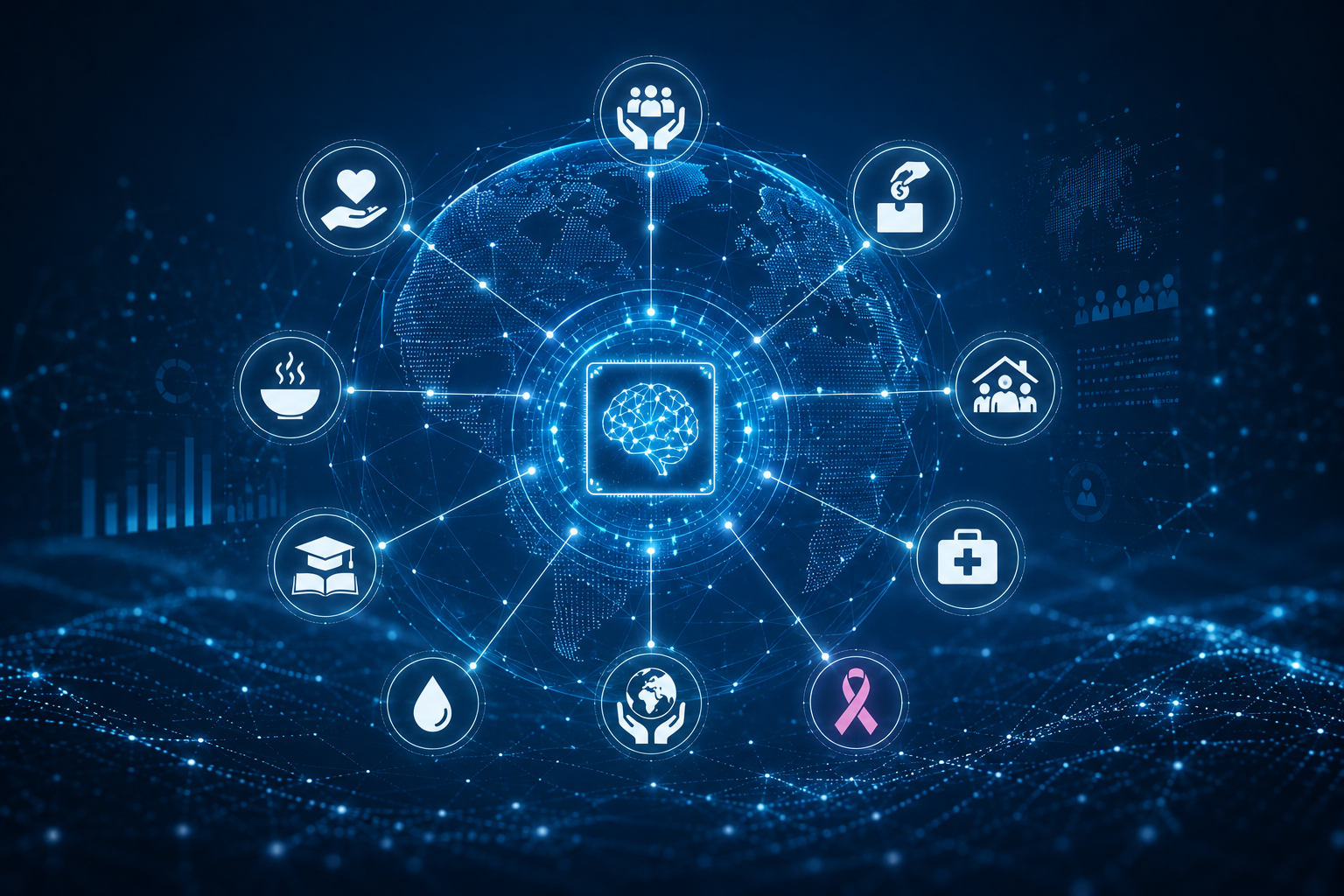 Artificial intelligence powering global charitable initiatives through a connected digital network, linking healthcare, education, food aid, water access, family support, and cancer care to maximize humanitarian impact worldwide.