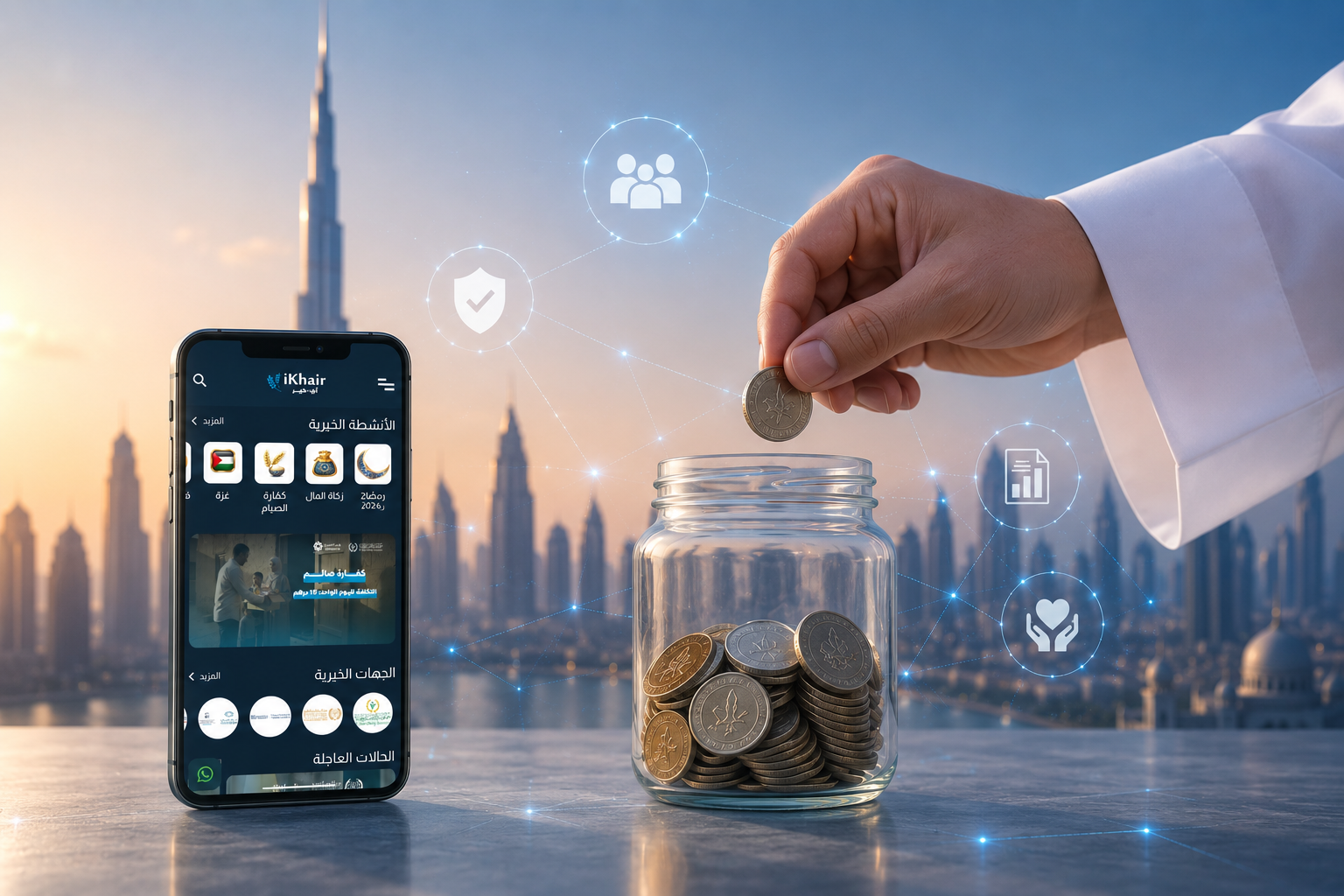 Digital donation concept showing the iKhair mobile app, a hand placing a coin into a donation jar, and technology icons representing secure and transparent charitable giving.
