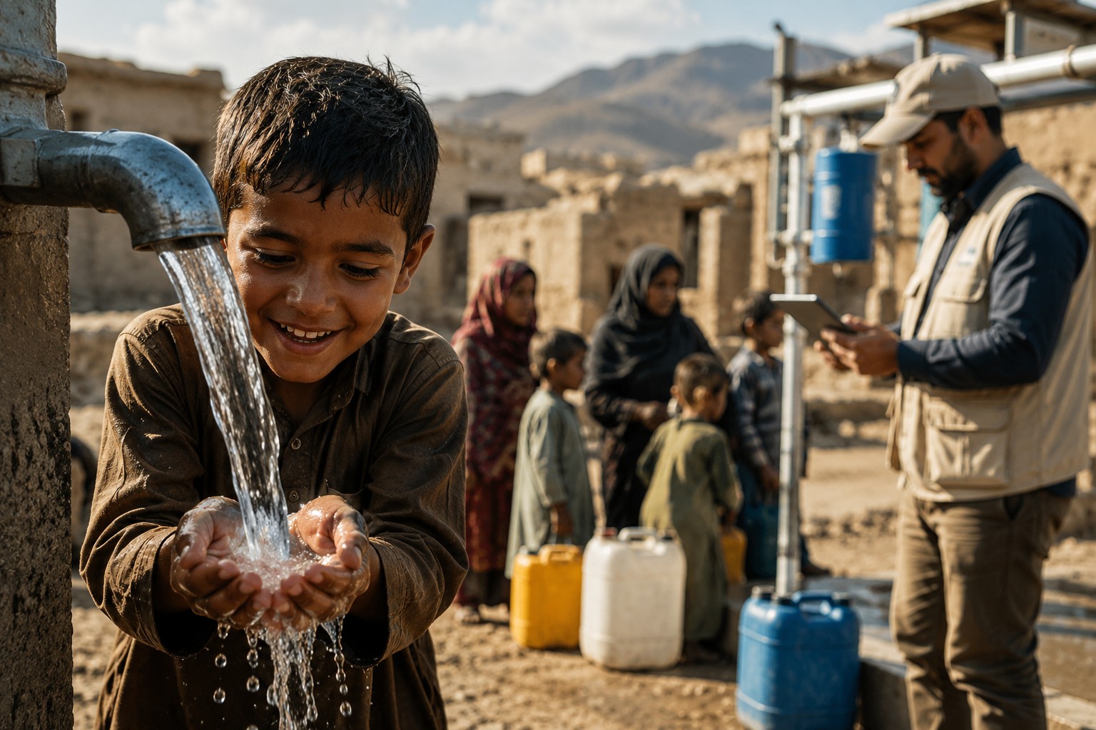 Child enjoying clean drinking water from a newly installed water source while a humanitarian worker uses a digital tablet to monitor the water project in a rural community.