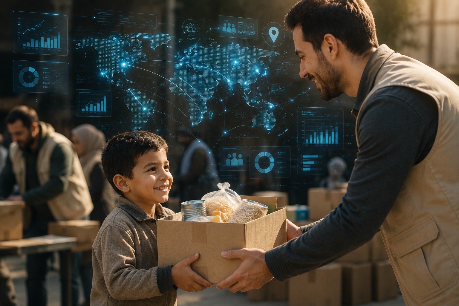 Volunteer handing a relief package to a smiling child while AI-powered digital analytics support smart humanitarian aid distribution.