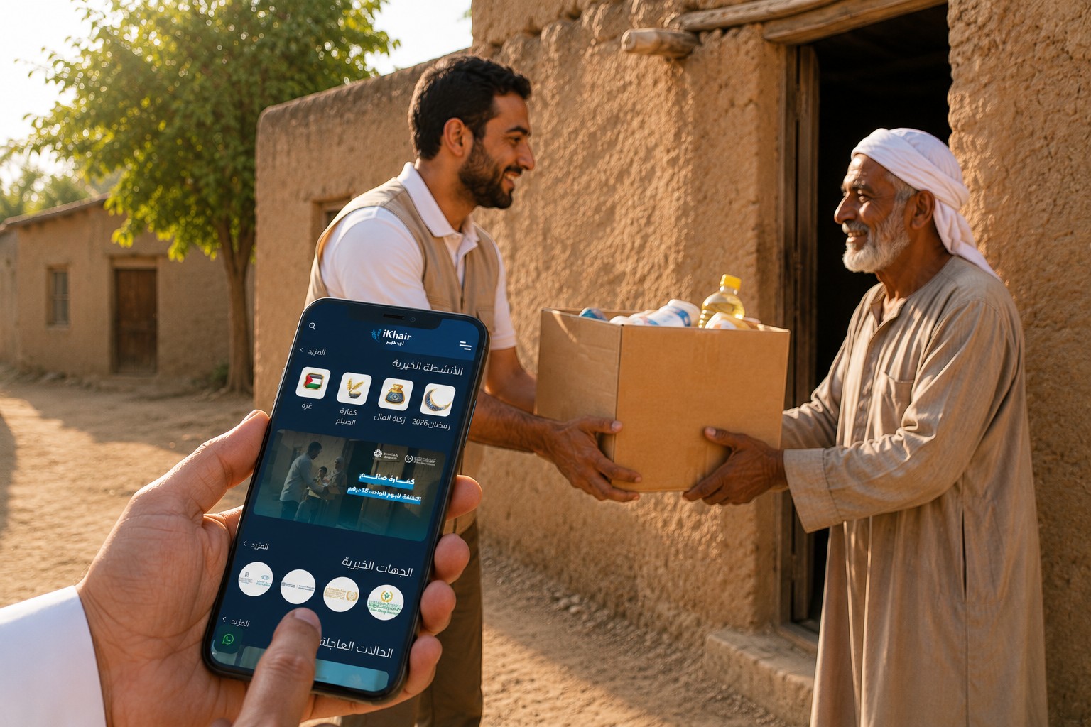 Man donating through the iKhair mobile app while humanitarian aid is delivered to a family