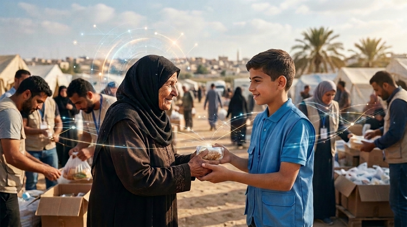 AI-powered humanitarian support showing a volunteer helping an elderly woman in a community aid setting with digital technology elements.