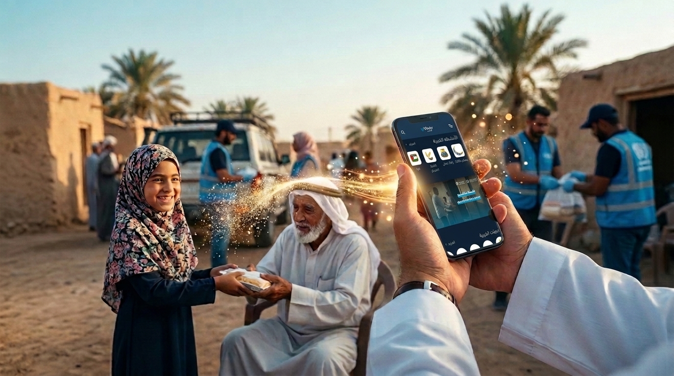 A person using a mobile donation app while humanitarian aid is being distributed to people in need in a rural community.