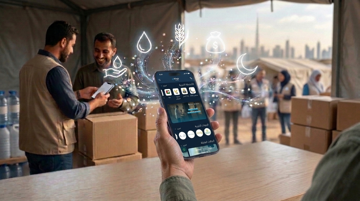 Smartphone showing a digital charity app with AI technology connecting donors to humanitarian projects and community support.