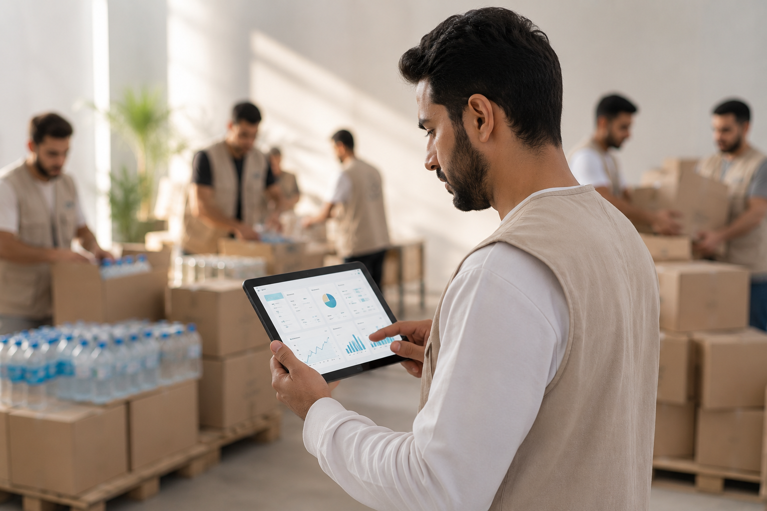 Humanitarian volunteer using AI technology to manage and distribute aid supplies efficiently in a charitable warehouse.