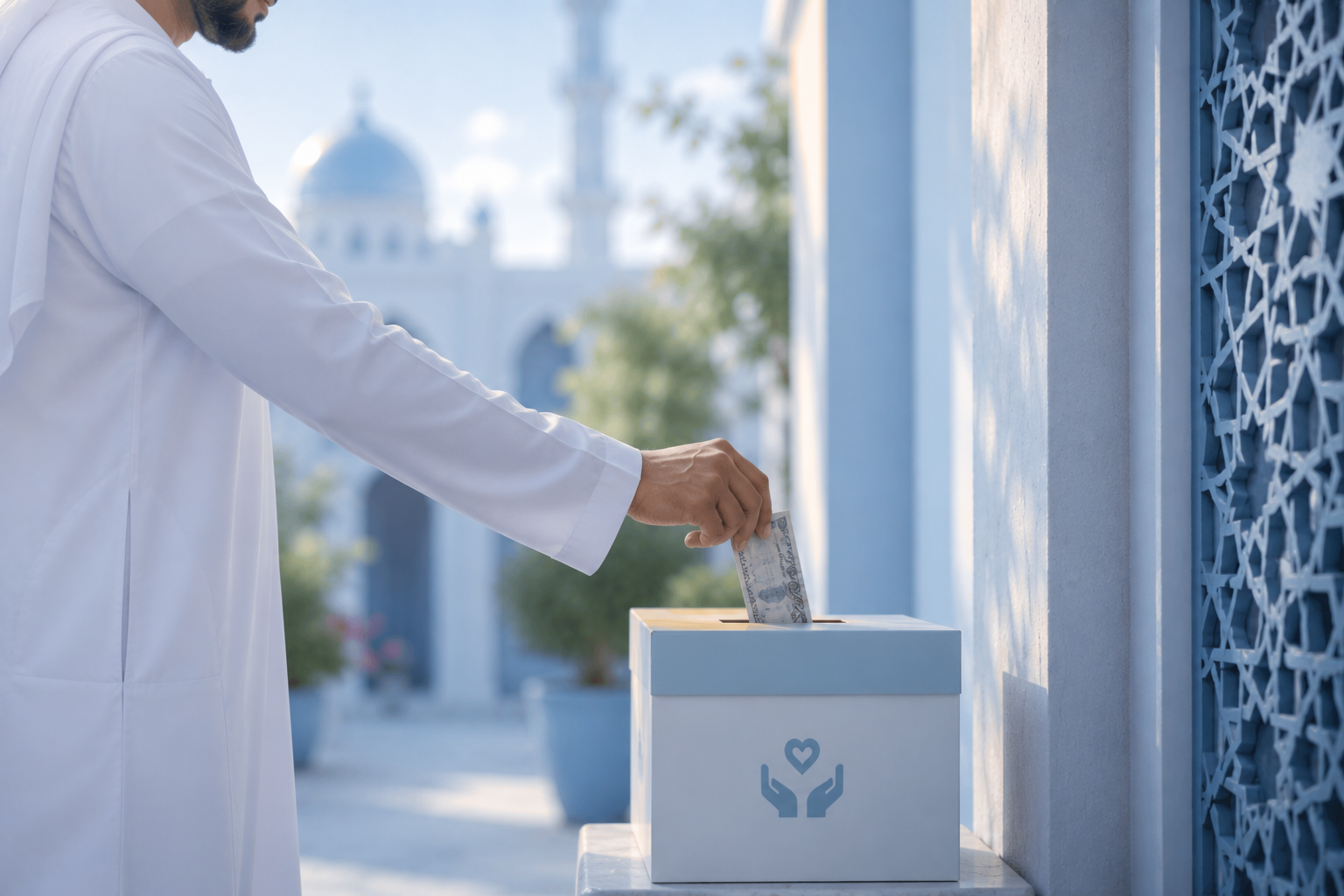 A man placing a donation into a charity box, symbolizing daily sadaqah, blessings, and generosity.