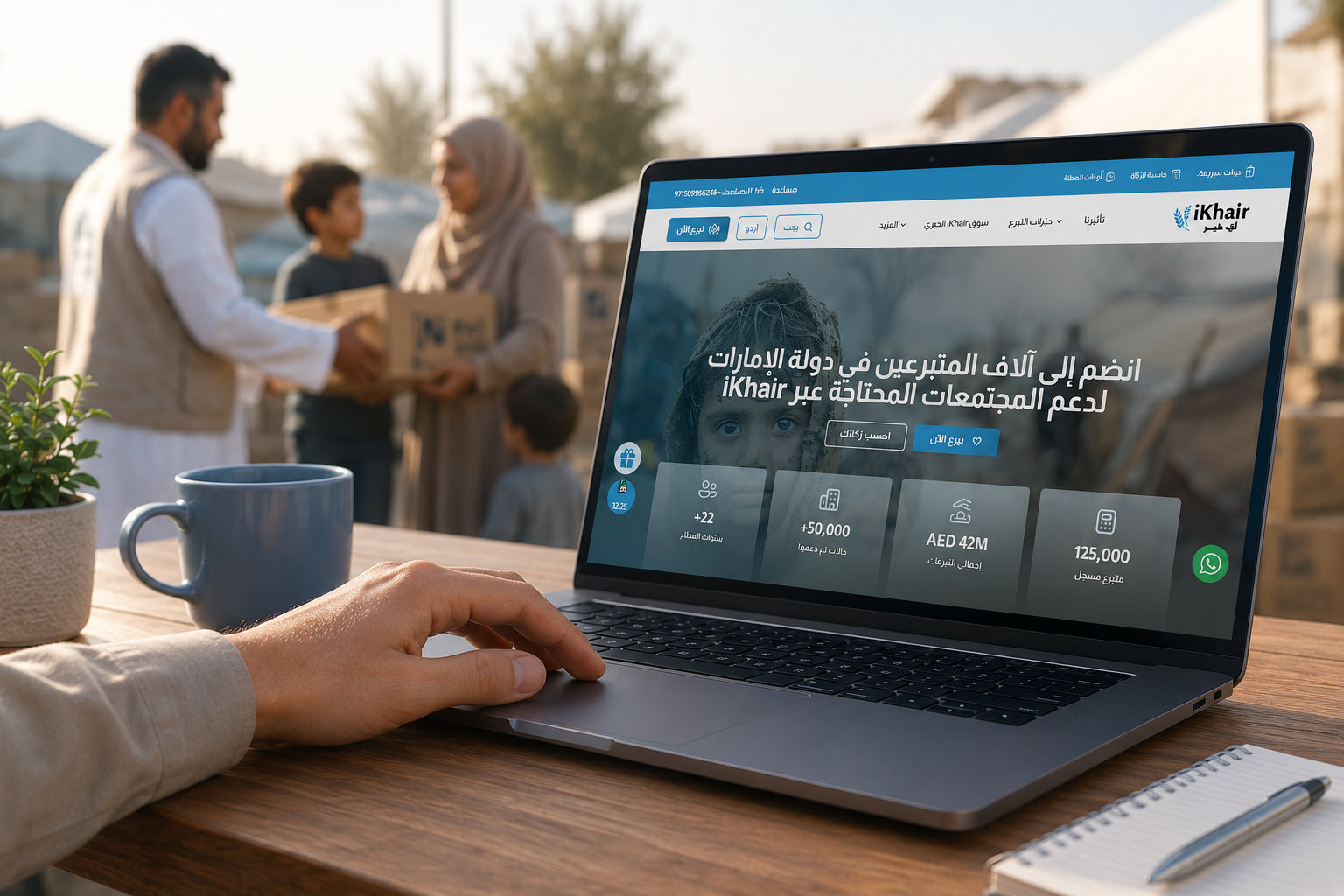 Person using the iKhair charity platform on a laptop to make a secure online donation while volunteers distribute aid in the background.