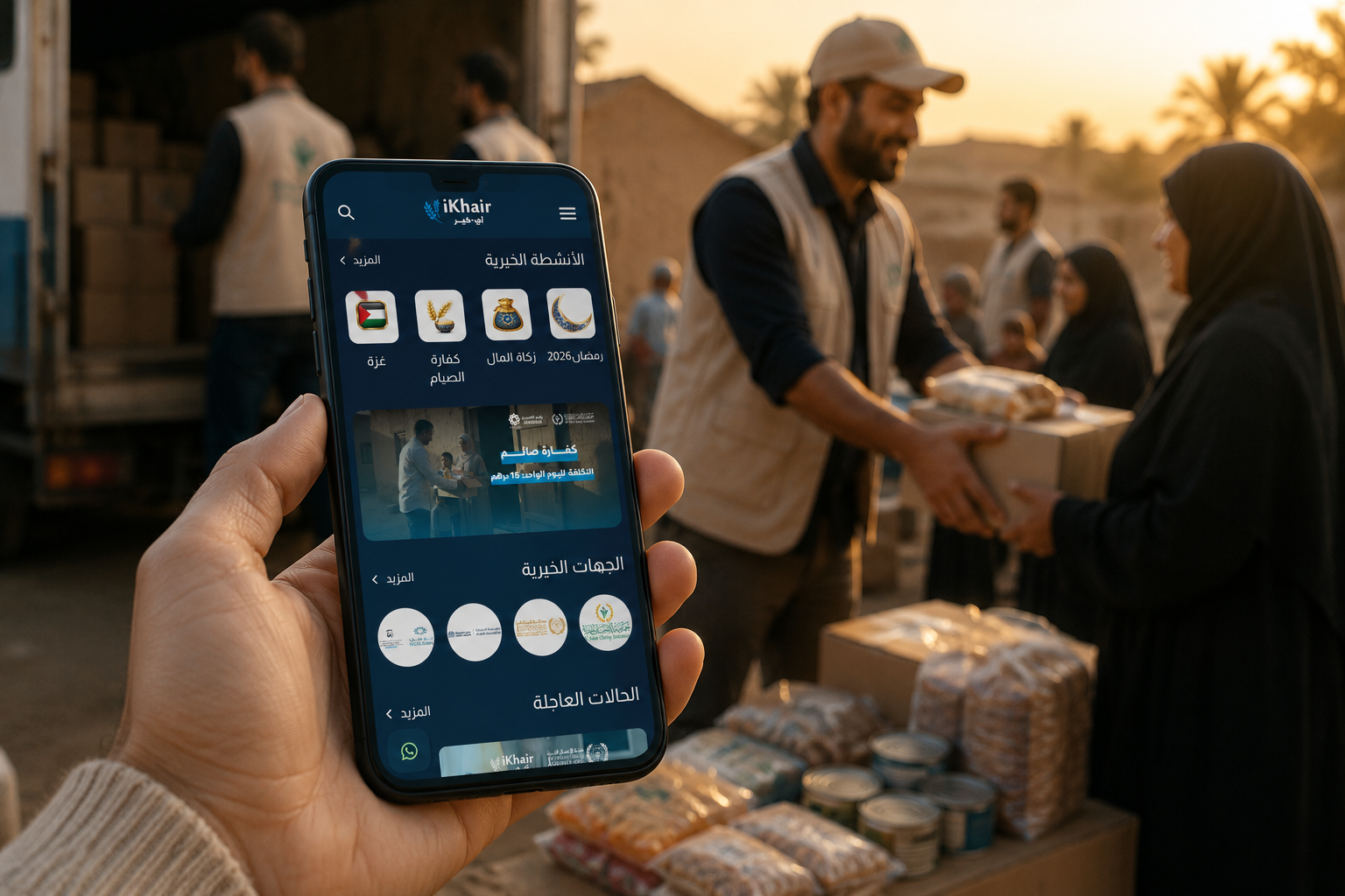 Hand holding the iKhair mobile app while a charity volunteer distributes food parcels to a beneficiary, highlighting secure and transparent digital giving.