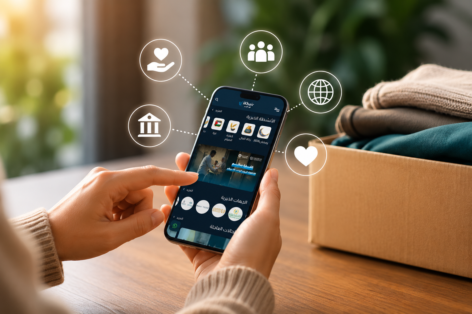 Person using a mobile donation app to make a secure digital charity donation and track charitable projects in real time.