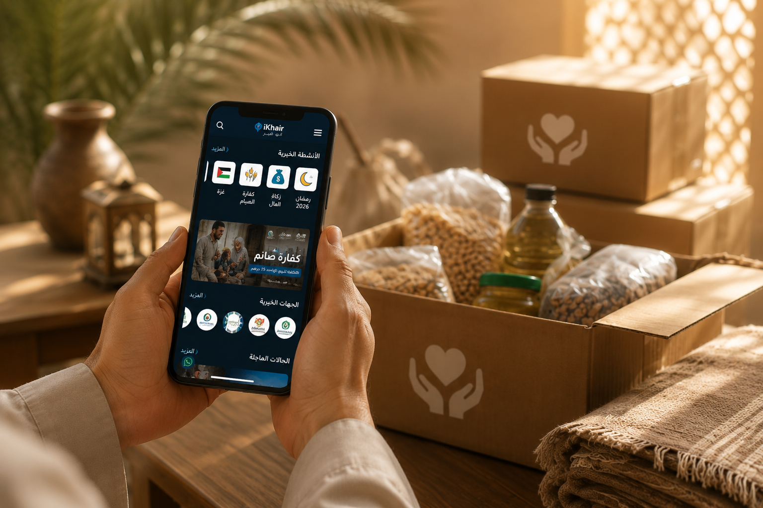 Person using the iKhair donation app on a smartphone to make secure and transparent charitable donations.