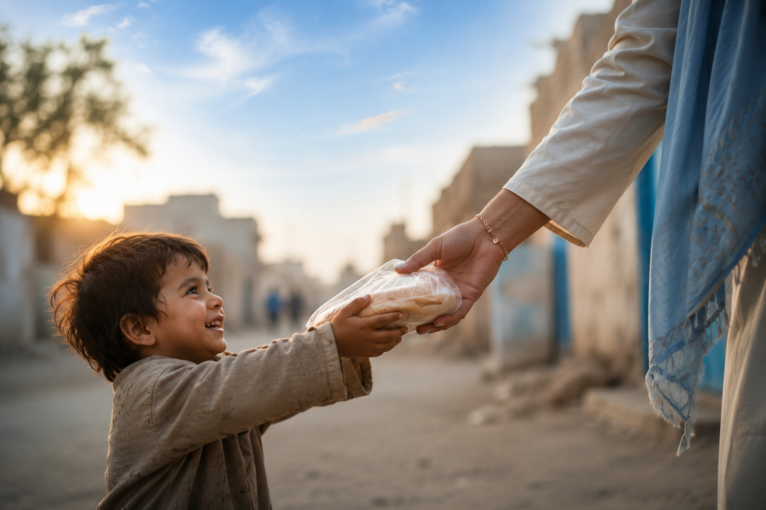 A child receiving food from a volunteer, symbolizing kindness, compassion, and the lasting impact of charitable giving.