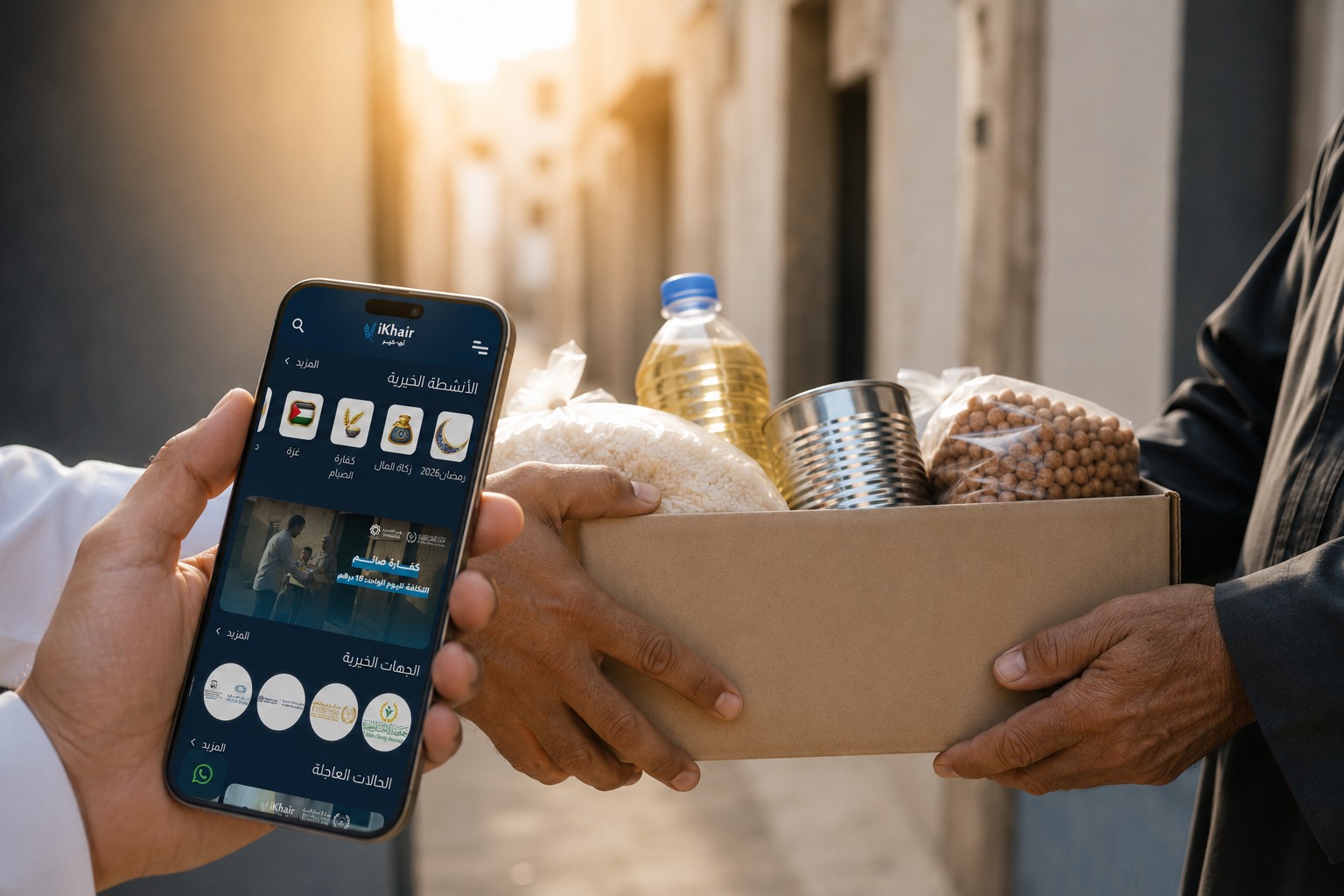 Person using the iKhair mobile app to donate while delivering a food aid box to a family in need.