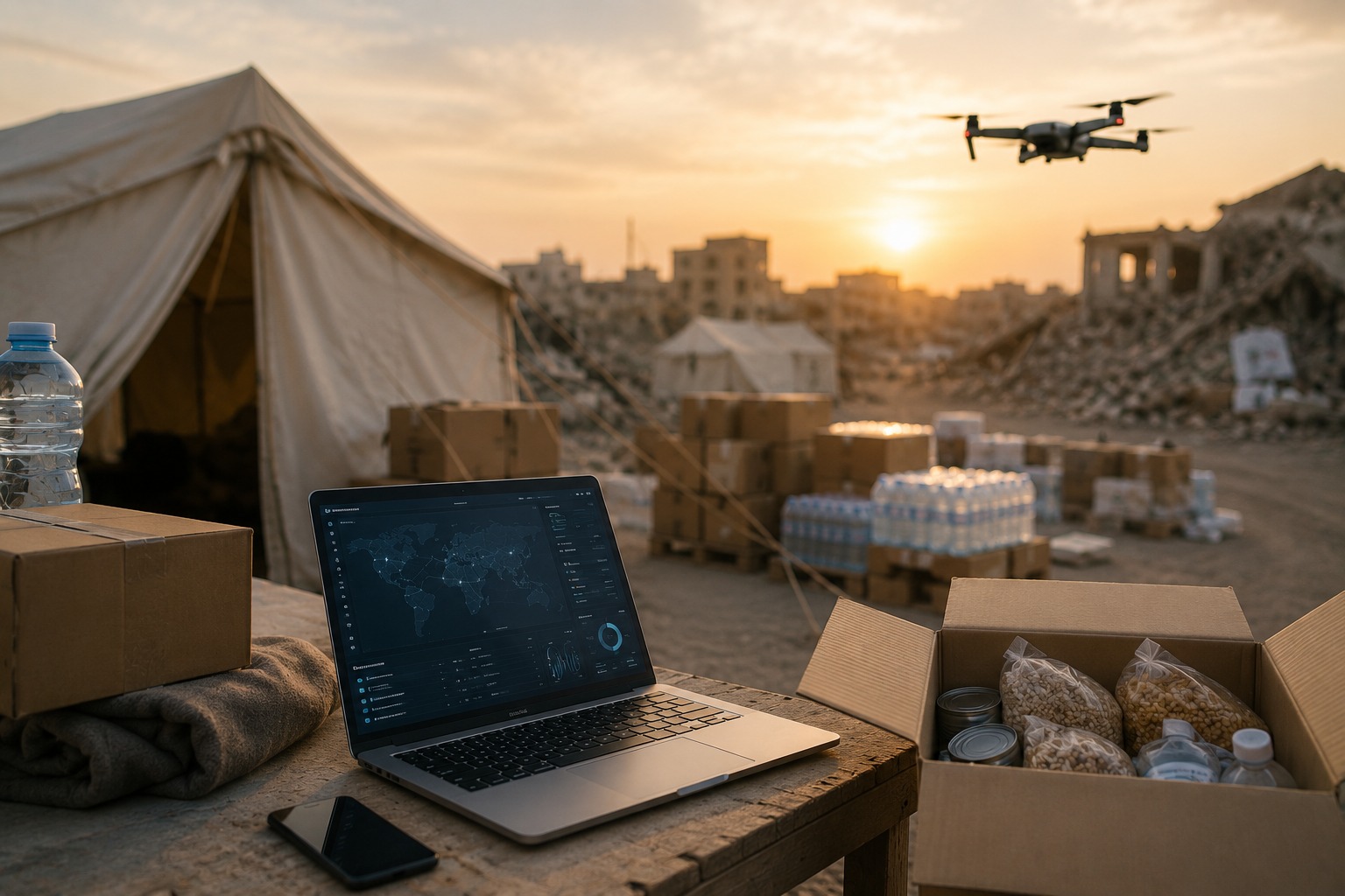 Technology supporting humanitarian aid operations in a disaster area through digital logistics, relief supplies, and drone-assisted emergency response.
