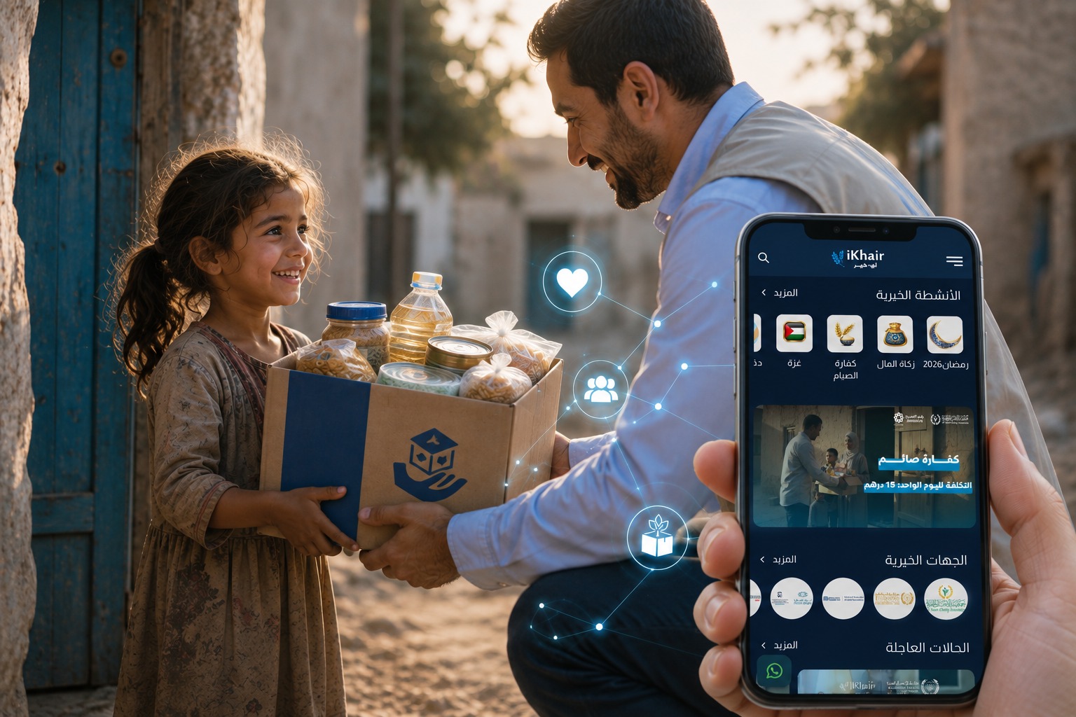 Volunteer delivering a food aid box to a young girl while the iKhair mobile app highlights digital charity and technology-driven giving.